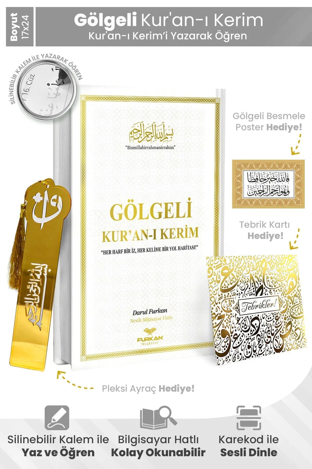 Sahifa Kalem ile Yazılabilen Gölgeli Kur'an-ı Kerim — Yazarak Öğrenim Seti + Silinebilir Kalem Hediyeli
